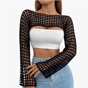 Black Mesh Long Sleeve Cropped Shrug
